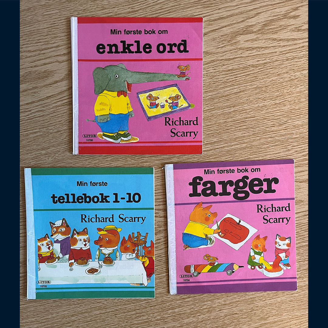 Scarry, Richard: Min første bok om farger/enkle ord/ tellebok 1-10 (3 hefter)